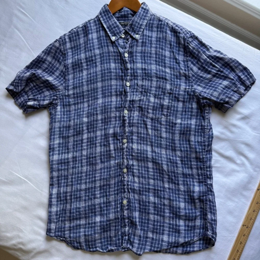 Banana Republic Mens Medium Blue Plaid 100% Linen Camden Standard Fit Shirt SS
